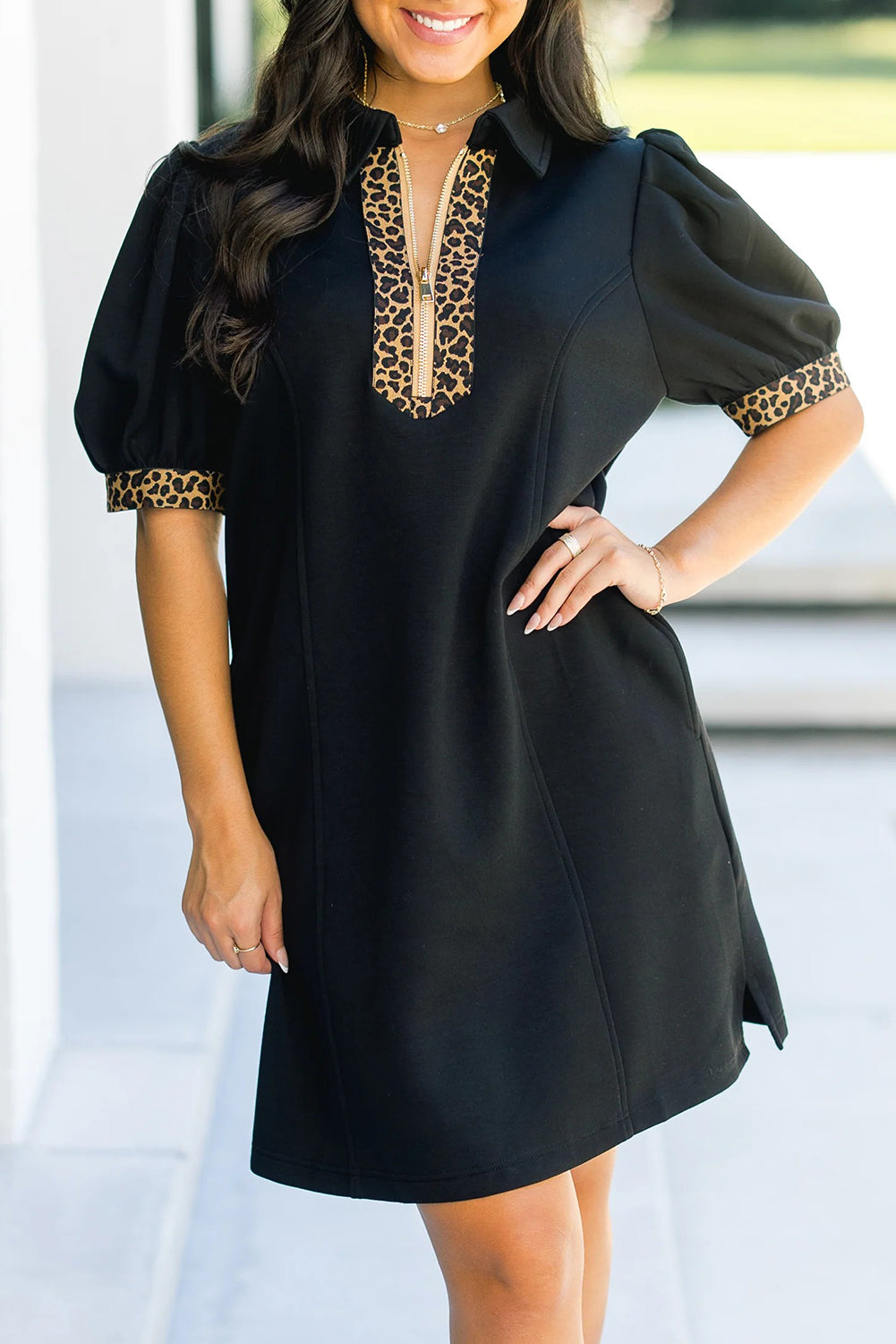Leopard Accent Zip Mini Dress